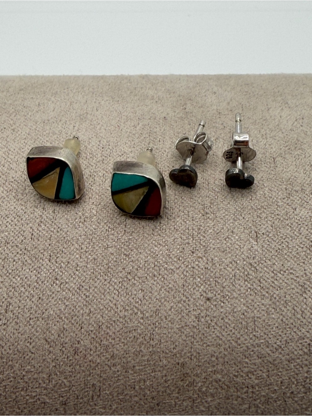 Sterling Silver Multicolor Inlay Stud Earrings - Turquoise, Red, Yellow